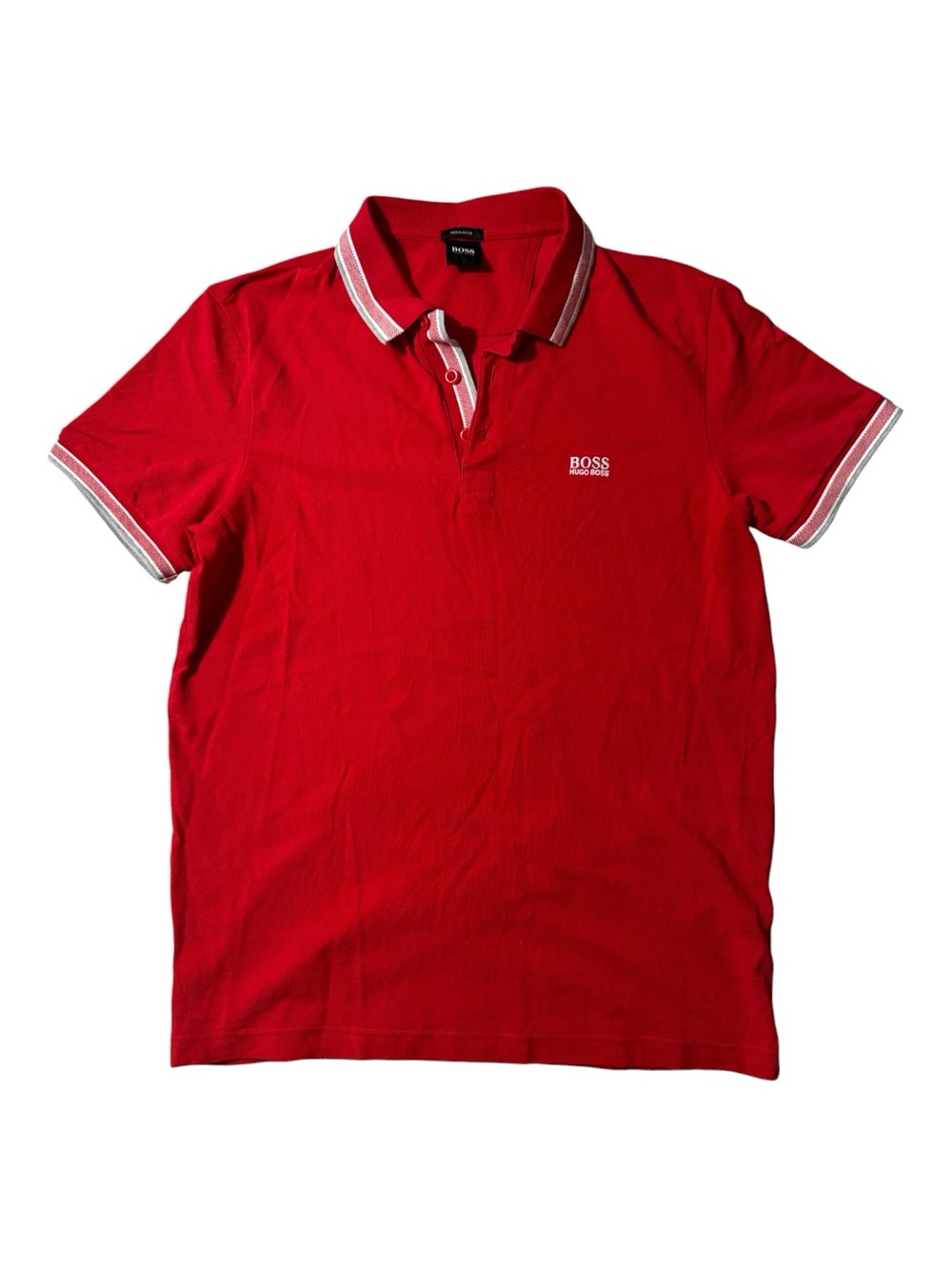 Hugo Boss mens L Large red solid regular fit knit pique polo shirt EUC